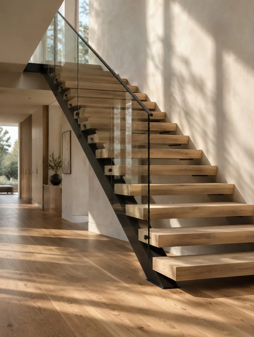 Floating timber staircase with a glass balustrade